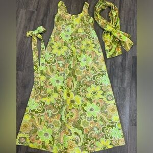Vintage 1970 Handmade Peace Love Floral Maxi Dress with Matching Sash & Belt